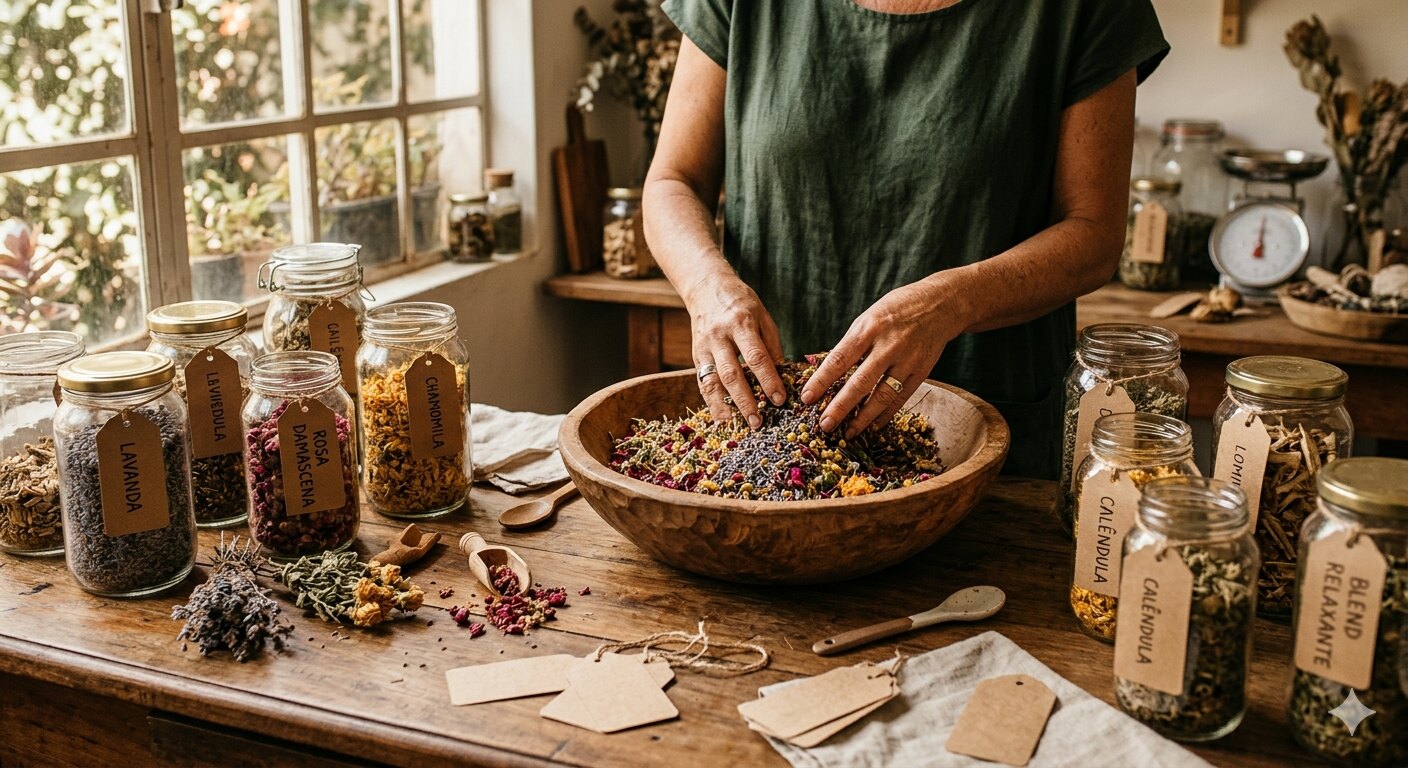 As mãos da Nina preparando um blend de ervas